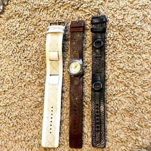 Fossil watch w/ 3 interchangeable genuine leather bands (brown, black, white)